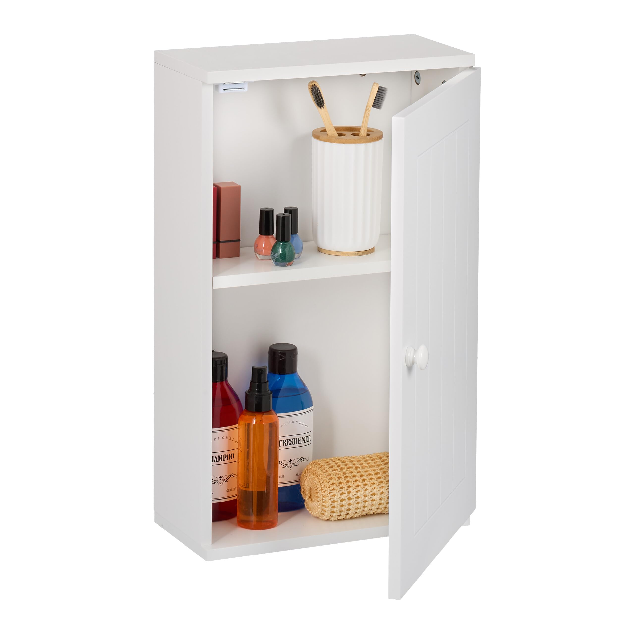 Relaxdays Mobiletto da Bagno Pensile, 2 Ripiani e Anta in MDF, Armadietto Sospeso da Parete, HLP: 50x30x15,5 cm, Bianco