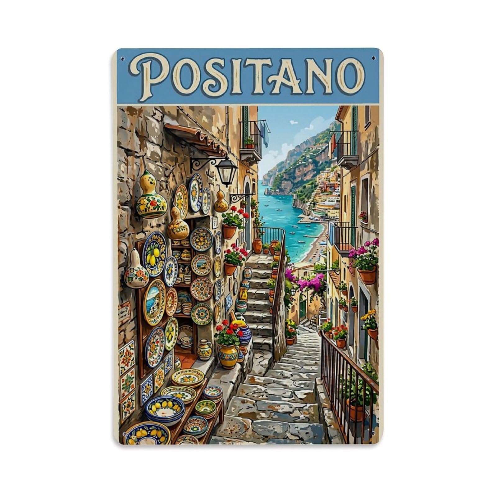 Huiyhb 8X12inch(20X30cm) Vintage Travel Positano Italy Ceramics Alley Colors Metal Tin Sign