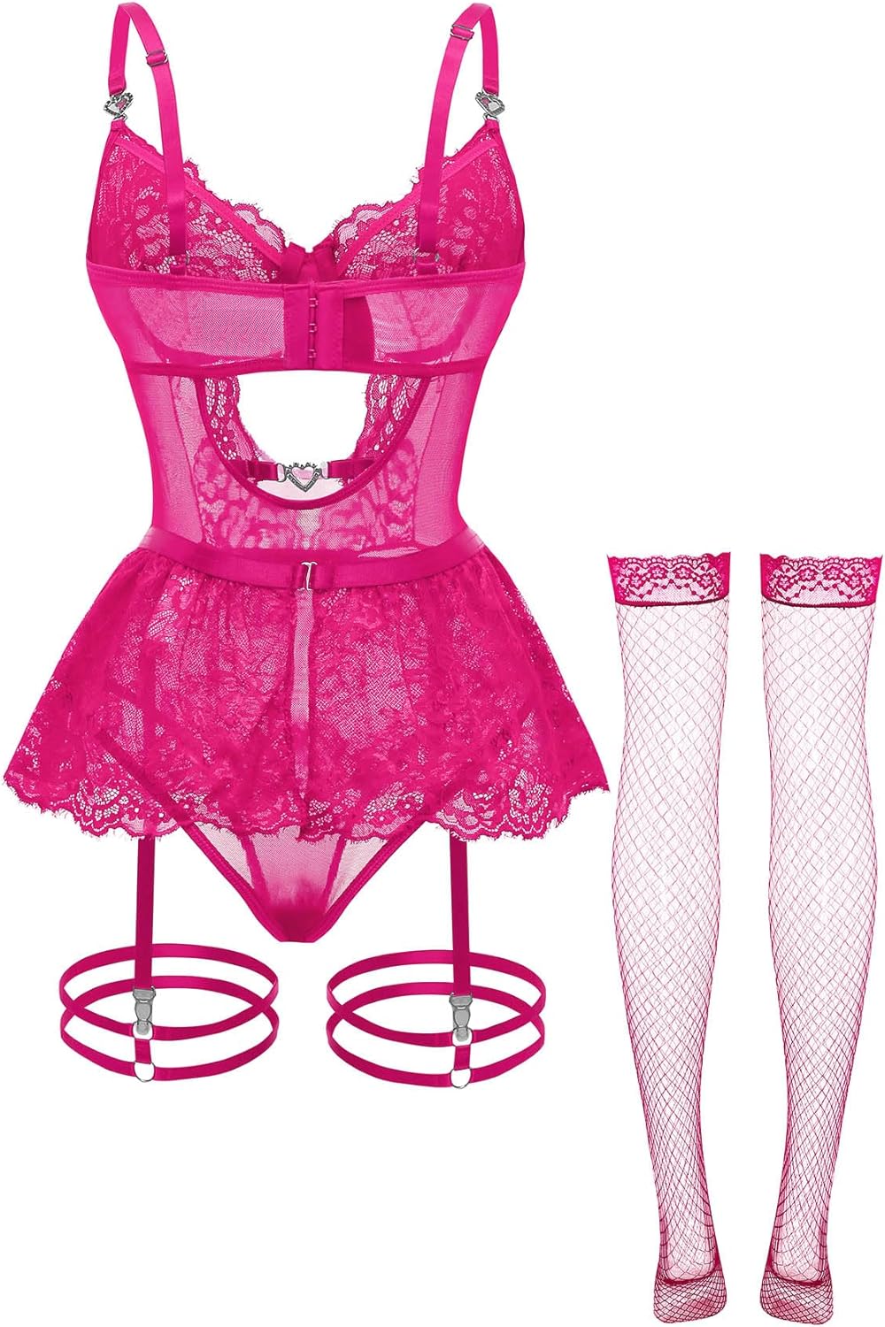 Sexy Stocking Underwire Push Up Rhinestones Heart Floral Lace Mesh Sheer Garter Bodysuit Skirt Lingerie Set 3 Piece - Image 4