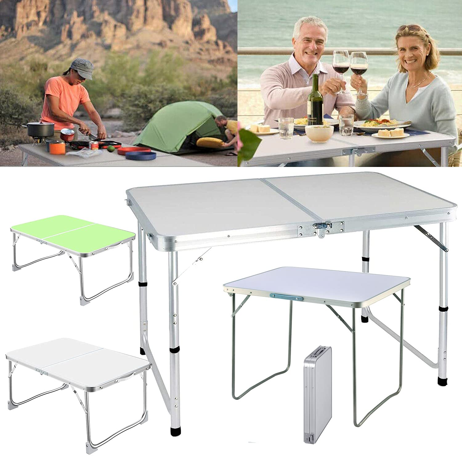 7Sevenjokers Folding Table 2.6FT, Camping Trestle Picnic Garden Kitchen Dining Patio BBQ Party Table with Portable Handle, Lightweight Aluminum Indoor and Outdoor MDF Work Top Table