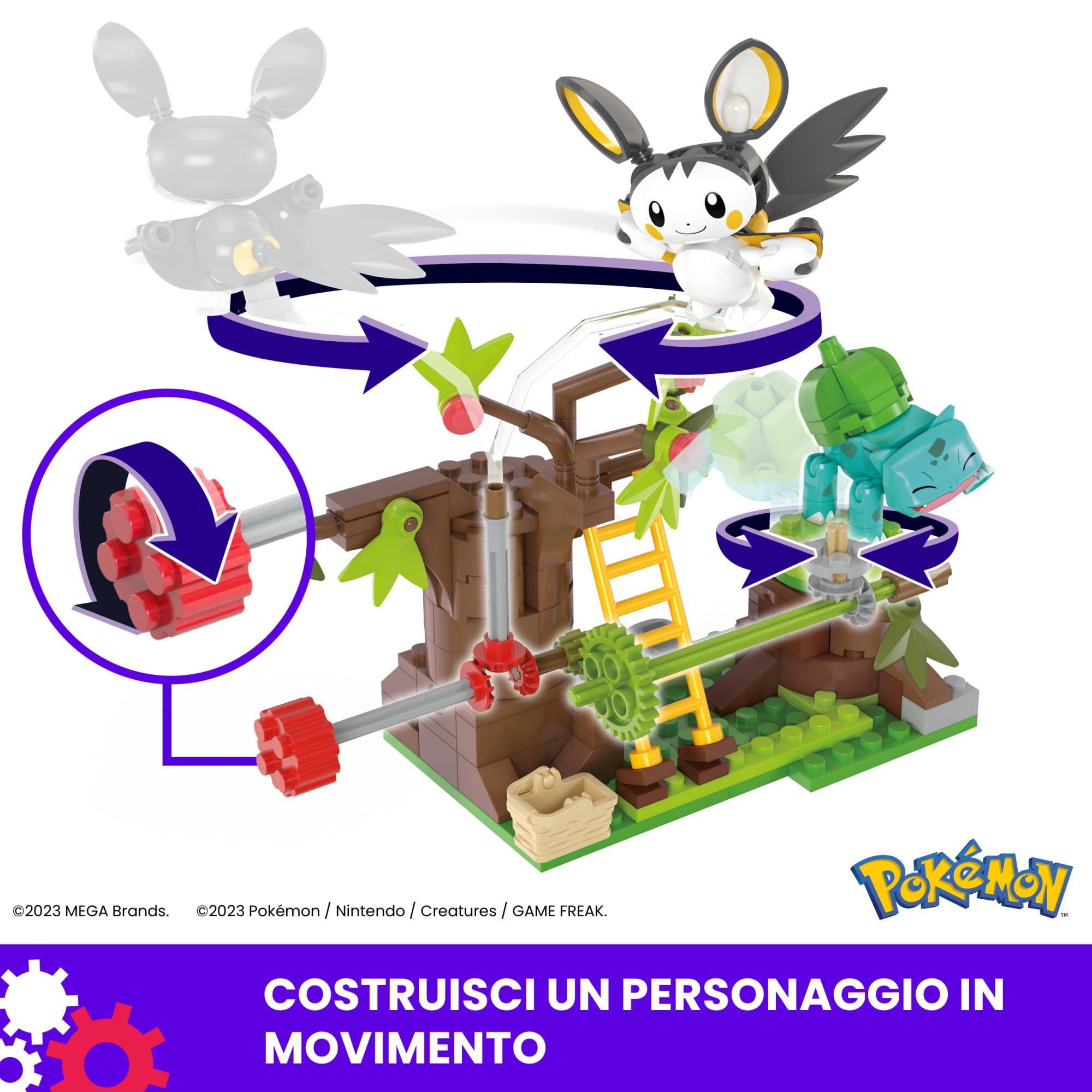 MEGA Pokémon - Il Bosco Incantato di Emolga e Bulbasaur, set da costruire con 194 pezzi e 2 personaggi, sistema Mattoncino Movimento per farli muovere, giocattolo per bambini, 7+ anni, HTH69