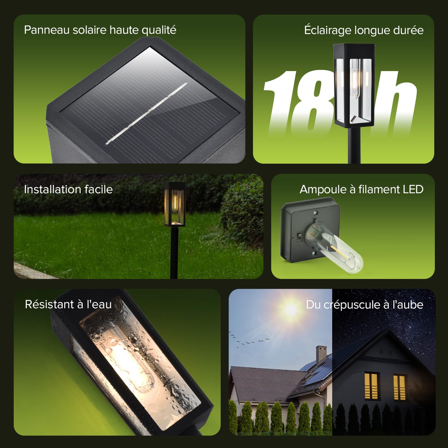 UME Set di 8 luci solari per vialetti, illuminazione paesaggistica, giardino, LED, vetro e metallo, 3000 K, bianco caldo, impermeabile, per decorazione di cortile, vialetto, terrazzo, driveway, prato