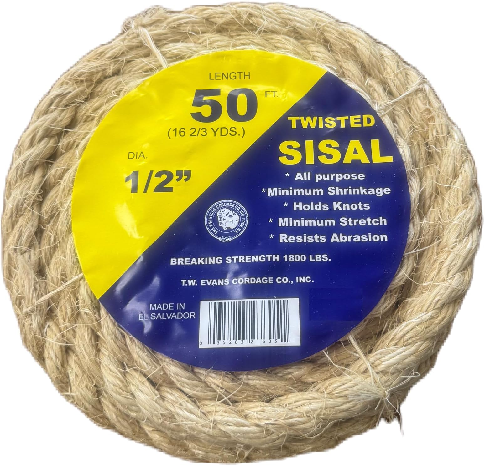 T.W. Evans Cordage Co. 22-605 1/2 in. x 50'. Twisted Sisal Rope