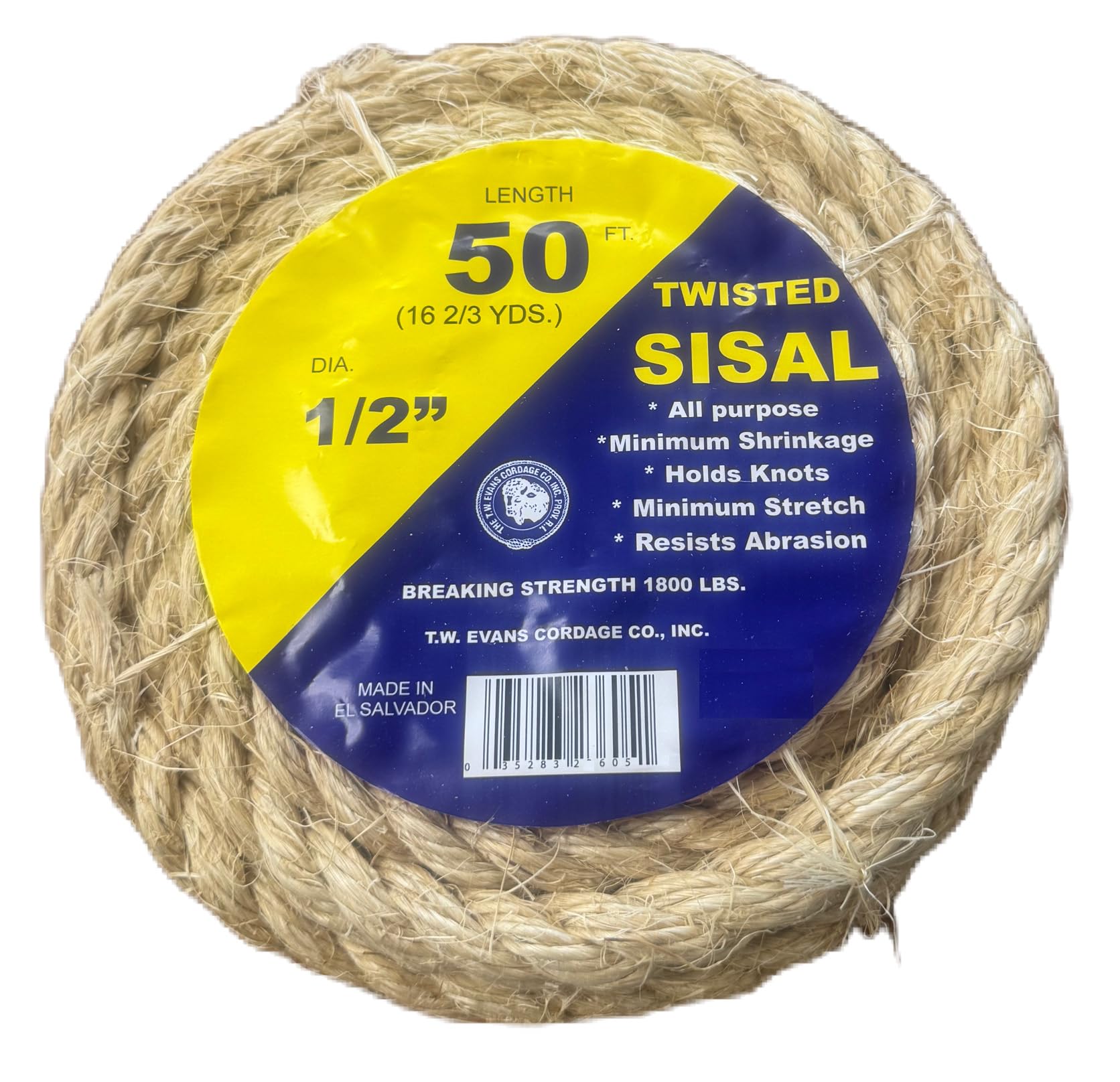 T.W. Evans Cordage Co. 22-605 1/2 in. x 50'. Twisted Sisal Rope