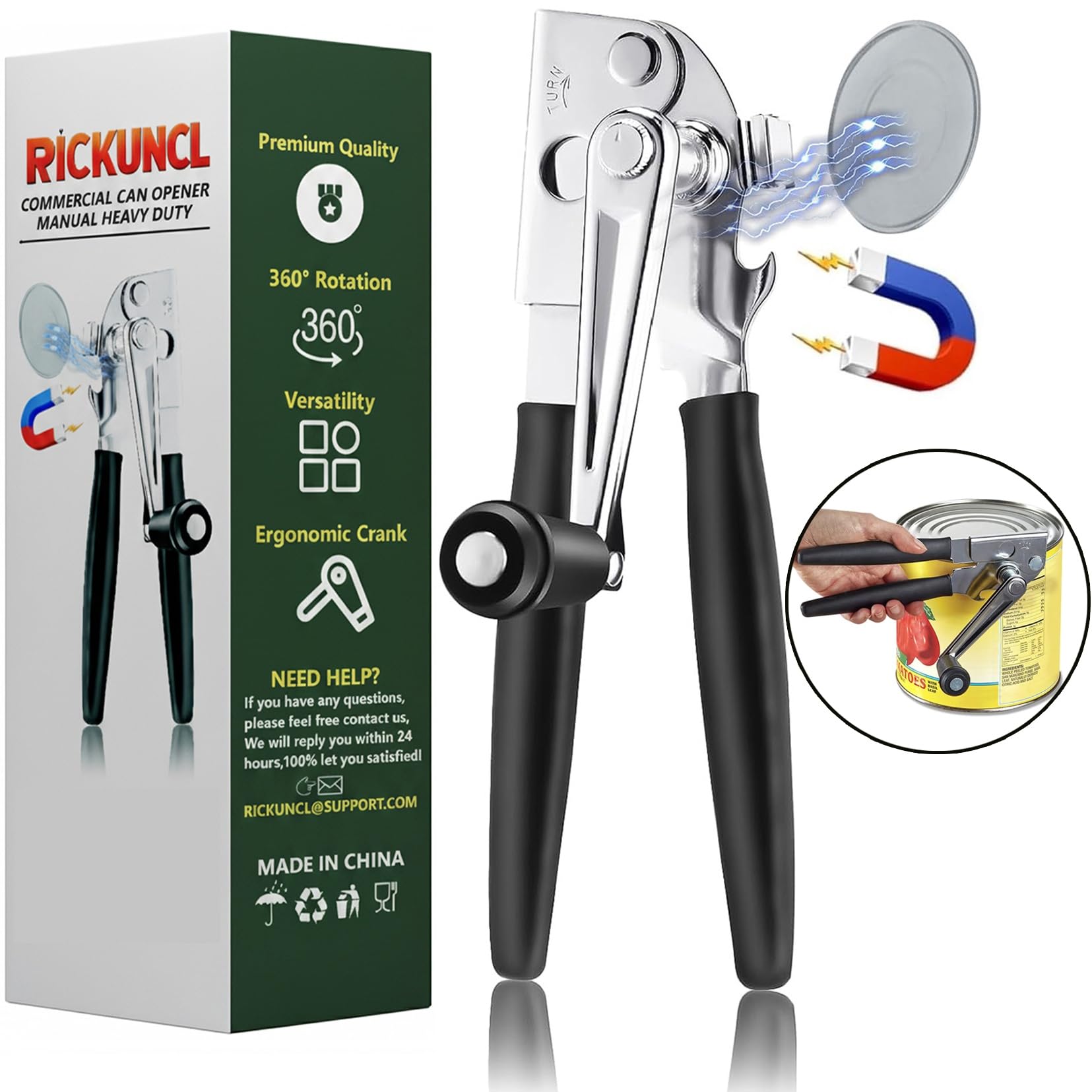 RICKUNCL Handlicher Dosenöffner mit Magnet, Edelstahl, Handdosenöffner mit klappbarer Kurbel, übergroßer Knopf für große Dosen und Dosen aller Größen