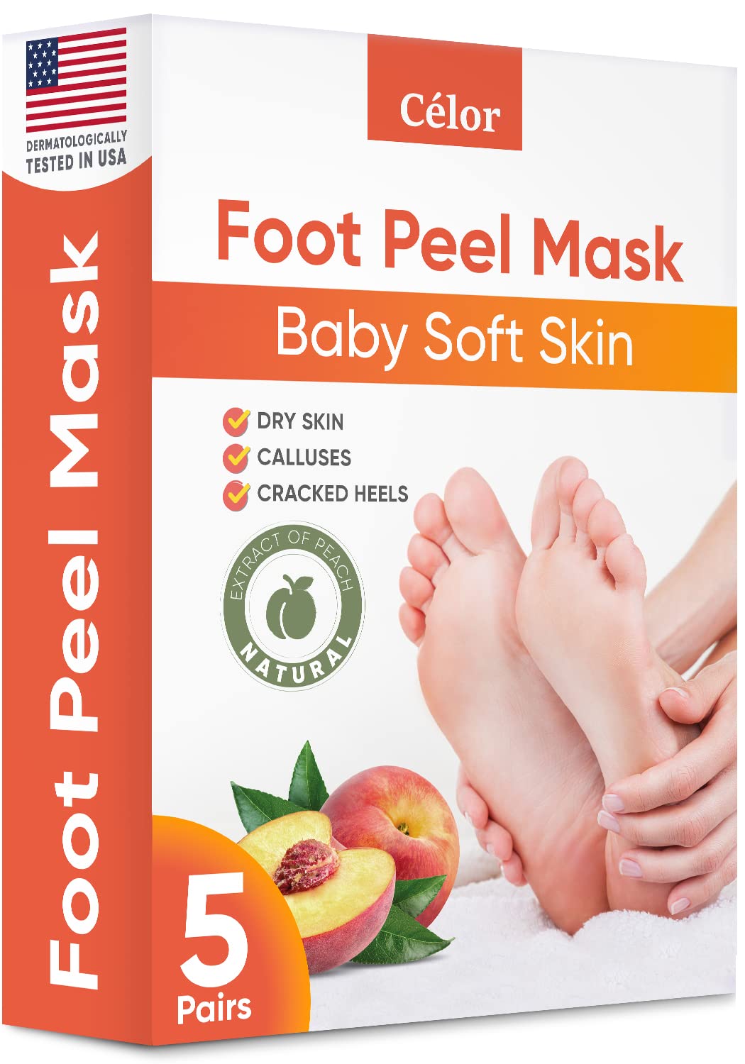 Foot Peel Mask (5 Pairs) - Foot Mask for Baby Soft Skin - Remove Dead Skin, Dry, Cracked Feet & Callus, Foot Spa, Made with Aloe Vera Extract for Women and Men Feet Peeling Mask Exfoliating, Peach