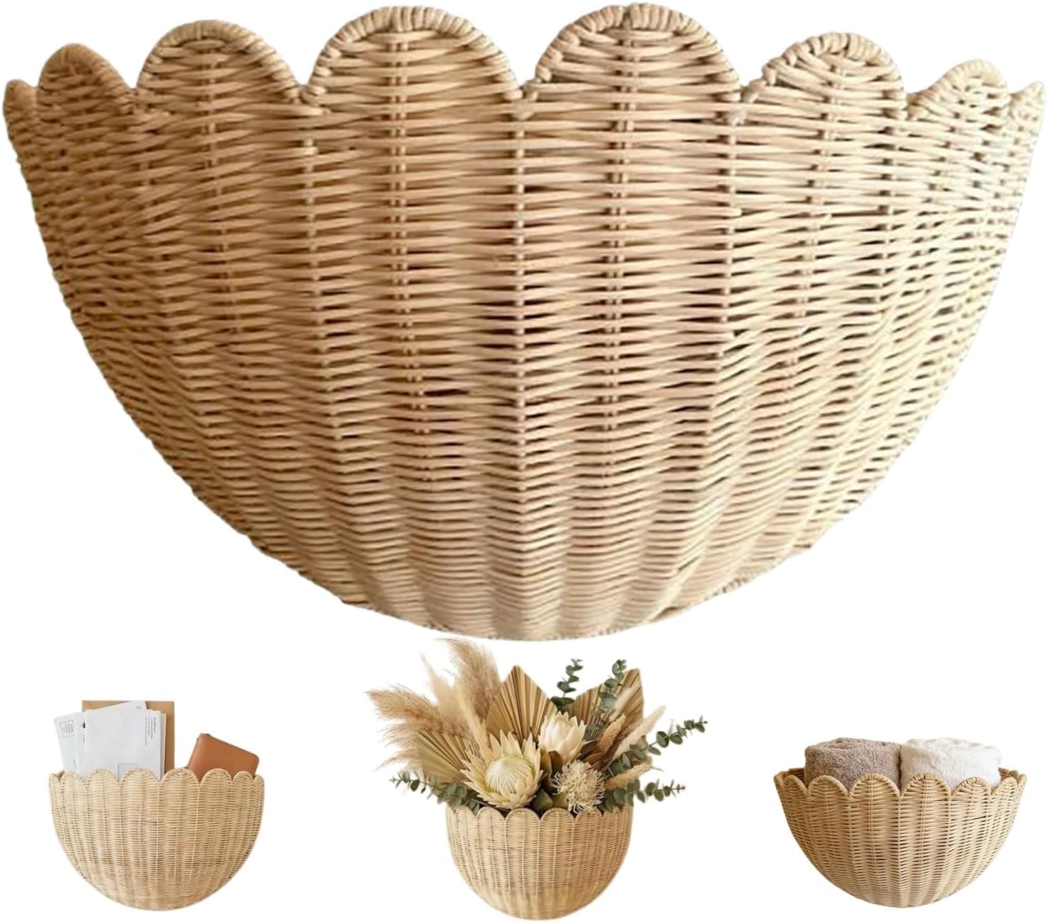 Scalloped Wicker Wall Basket, Rustic Wall Hanging Woven Basket,Handwoven Wall Baskets, Rattan Wicker Basket Organizer,Boho Wall Basket Decor,14.17x5.71x7.87 Inch