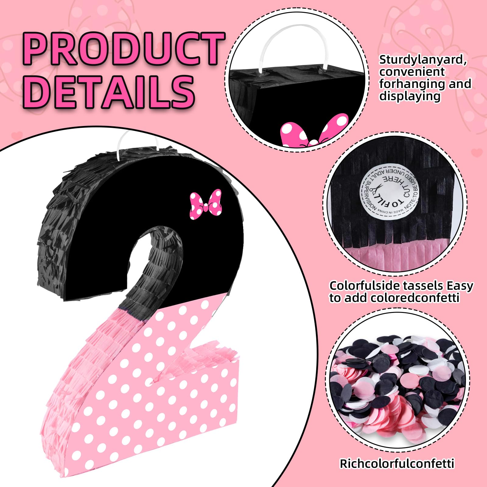 Piñata noire et rose avec nœud sur le thème du nœud, piñata à remplir avec bâton pour les yeux bandés de confettis pour filles et garçons (40 x 29 x 7,6 cm)