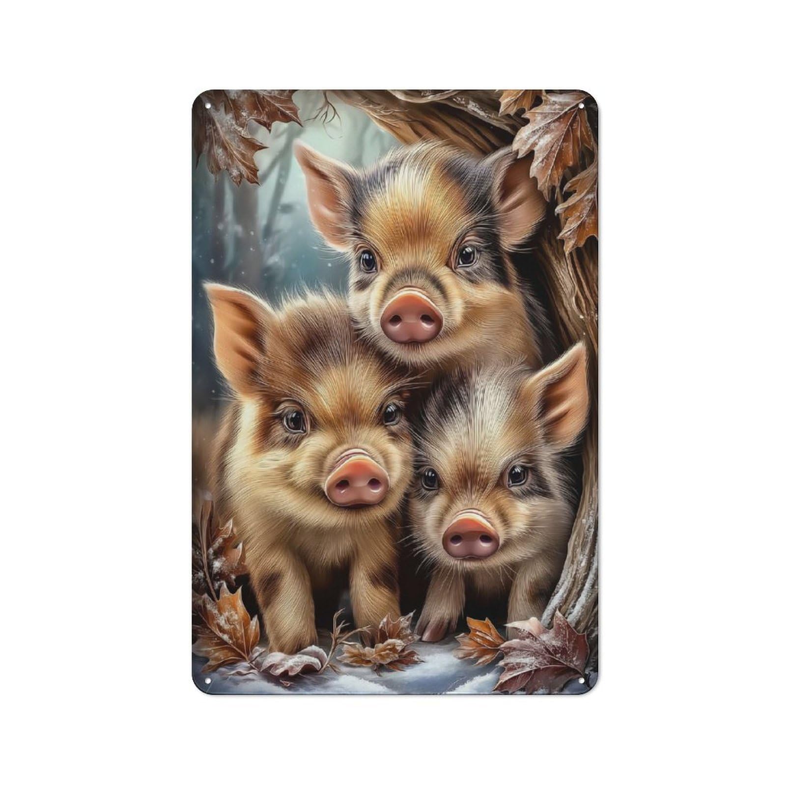 Junmoney Style-9 Tin Wall Plaque 30X20cm With Wild Boar Piglets In Winter Scene For Home Office Or Studio, For Garage, Workshop And Man Cave Decoration
