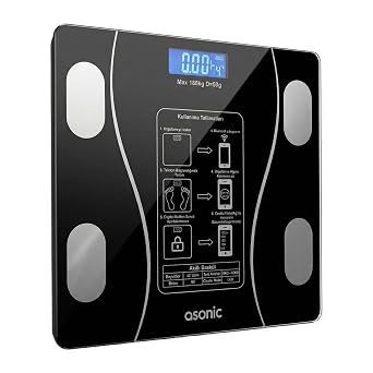 Asonic Ak ll  Dijital Bluetooth Bask l - 180 kg Kapasite, V cut Analiz  zellikli, Temperli Cam, Siyah