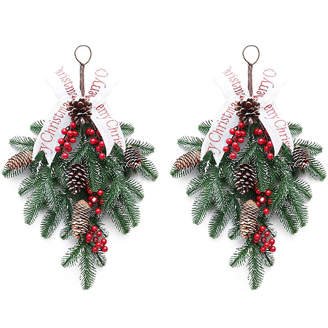 Voxy 2 Branches 50 Cm Christmas Teardrop Floral Swag, Hanging Christmas Garland Rattan,Red Berry Pine Cone Needle Branch Harvest Wreath For Shop Windows Fireplaces Decor (2 Branches)