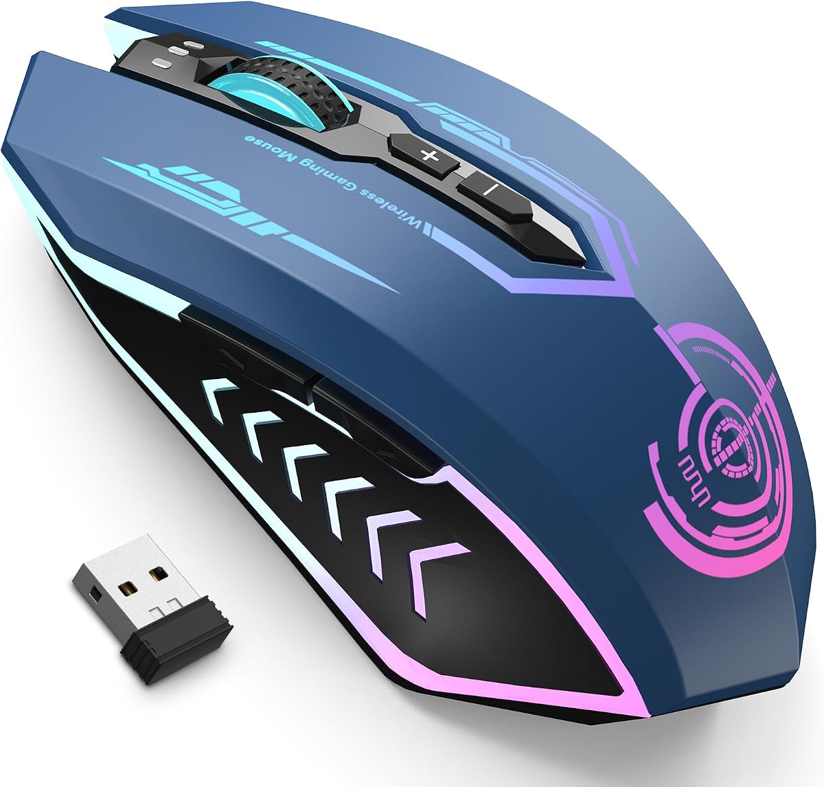 Wireless Gaming Mouse, Rechargeable 10000 DPI LED PC Mouse | ergonomic shell, 6 programmable buttons, 7 LED color modes, MMO RPG play, laptop/desktop use, Windows and Mac compatible Blue