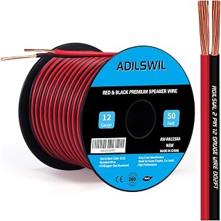 12AWG 50FT Speaker Wire, 2 Conductors Electrical Red Black Cable Hookup LED Lighting Strips Flexible Wire Extension Cord 12 Gauge Copper Clad Aluminum Copper Wire 12V/24V DC Cable