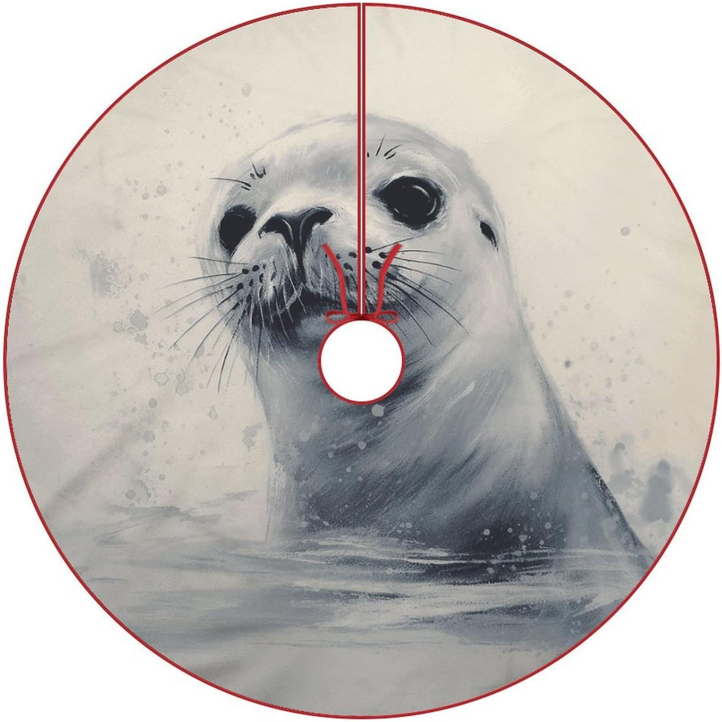 Christmas Tree Skirt,for Xmas Tree Holiday Party Decorations Harp Seal Painting Printed Christmas Tree Mat Red Lace-up Christmas Tree Dress