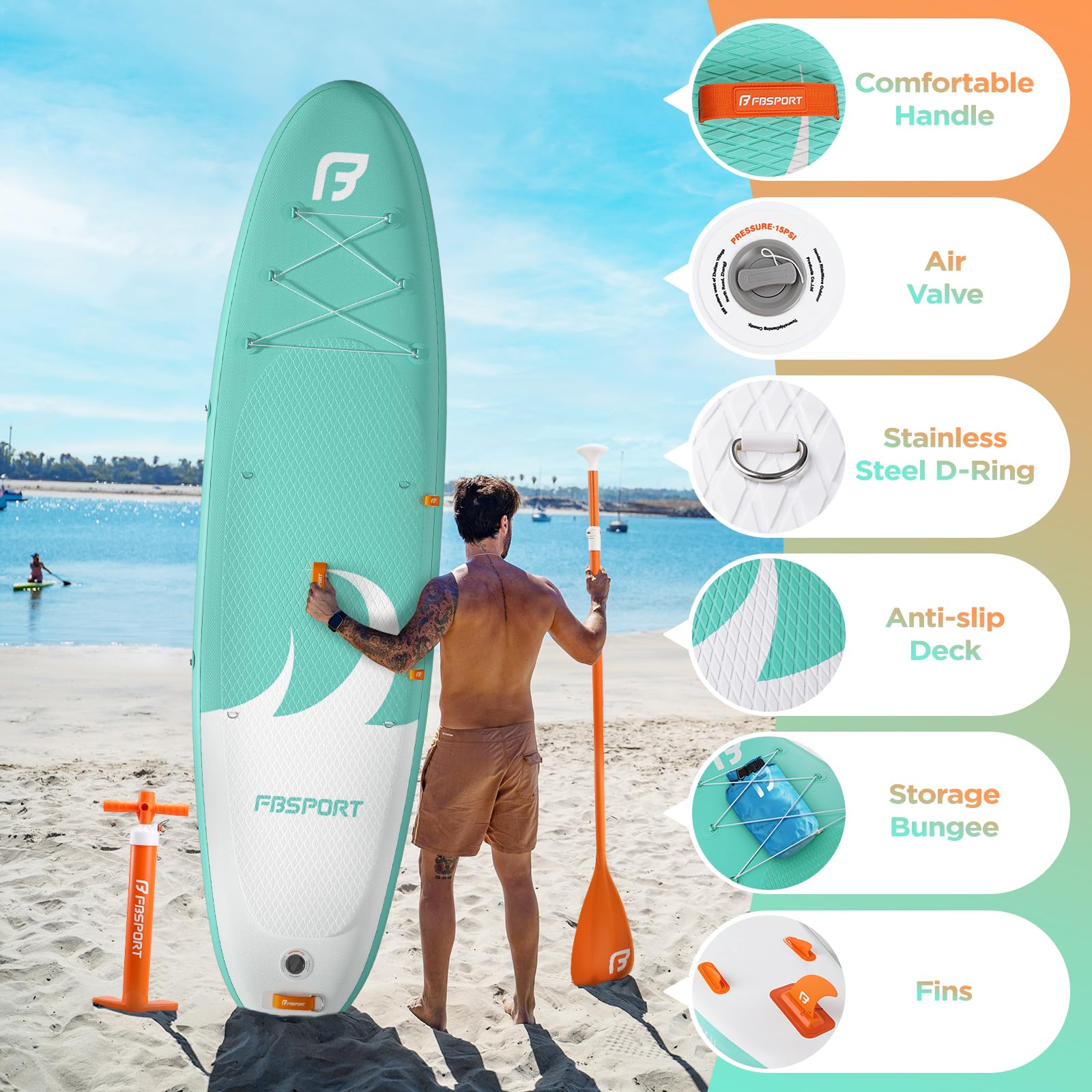 FBSPORT Tavola SUP Gonfiabile SUP 335CM per Adulti e Giovani, Stand Up Paddle Board Spessa 15 cm tavola da Surf tavola da SUP con Pagaia Regolabile, Zaino, Pompa & Pinna Rimovibile Surfboard