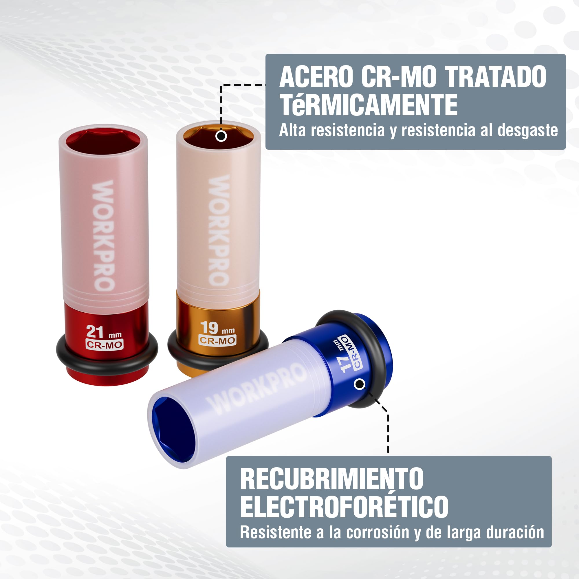 WORKPRO Pack 3 Vasos Impacto 1/2" con Protector Llantas, 17/19/21mm, CR-MO | Protectores Desmontables y Anillos de Caucho para Reparación y Mantenimiento de Ruedas de Automóviles
