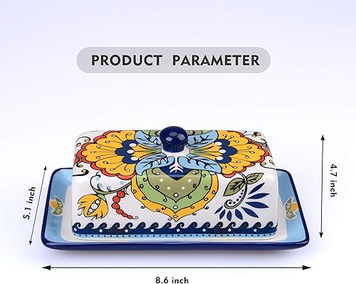 Miniatura 7 de NAGU Mantequera de cerámica dibujada a mano con tapa, bandeja de mantequilla de granja con tapa, soporte de contenedor de queso vintage para