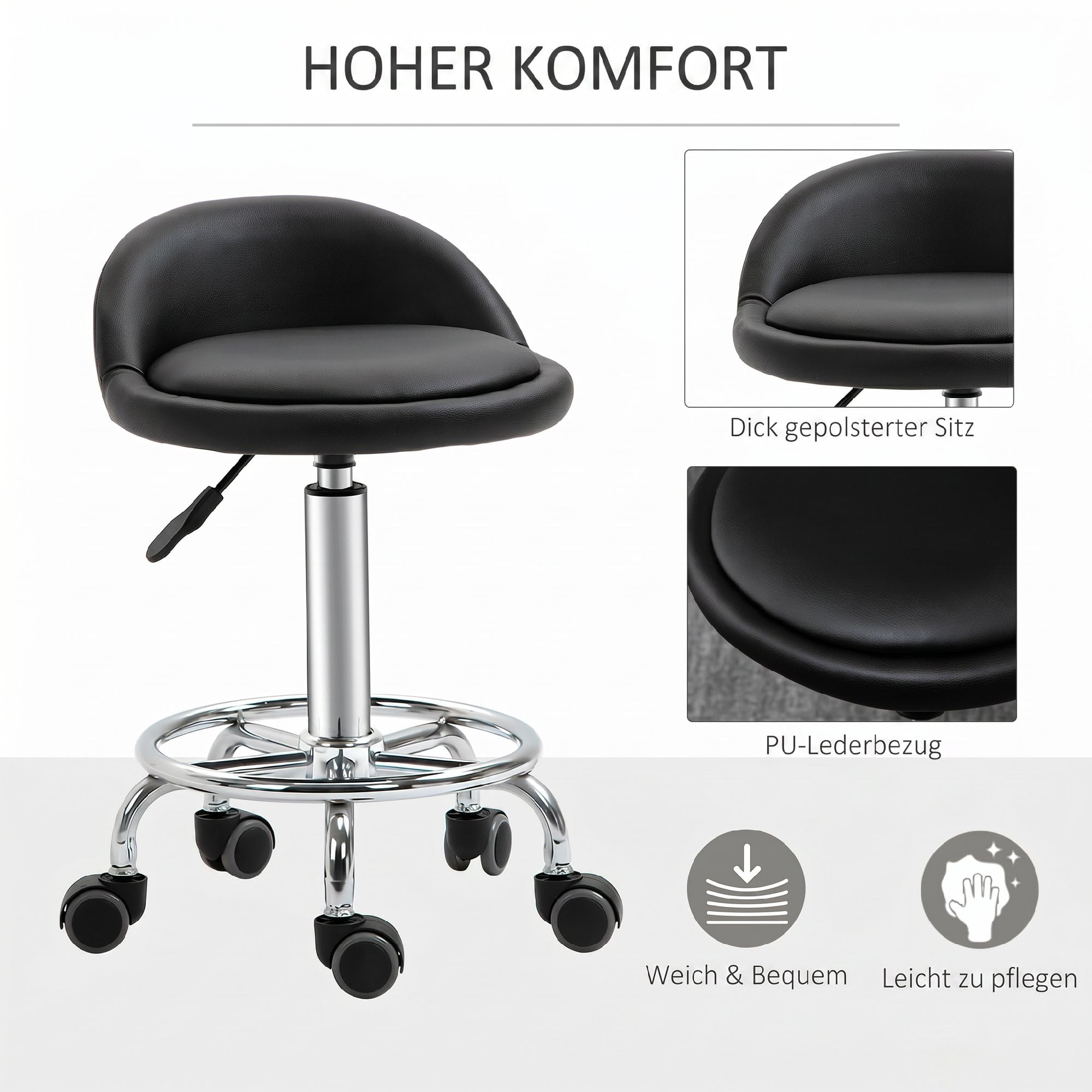 HOMCOM Rollhocker 2er-Set Rückenlehne 57-72 cm Höhenverstellbar Schwarz