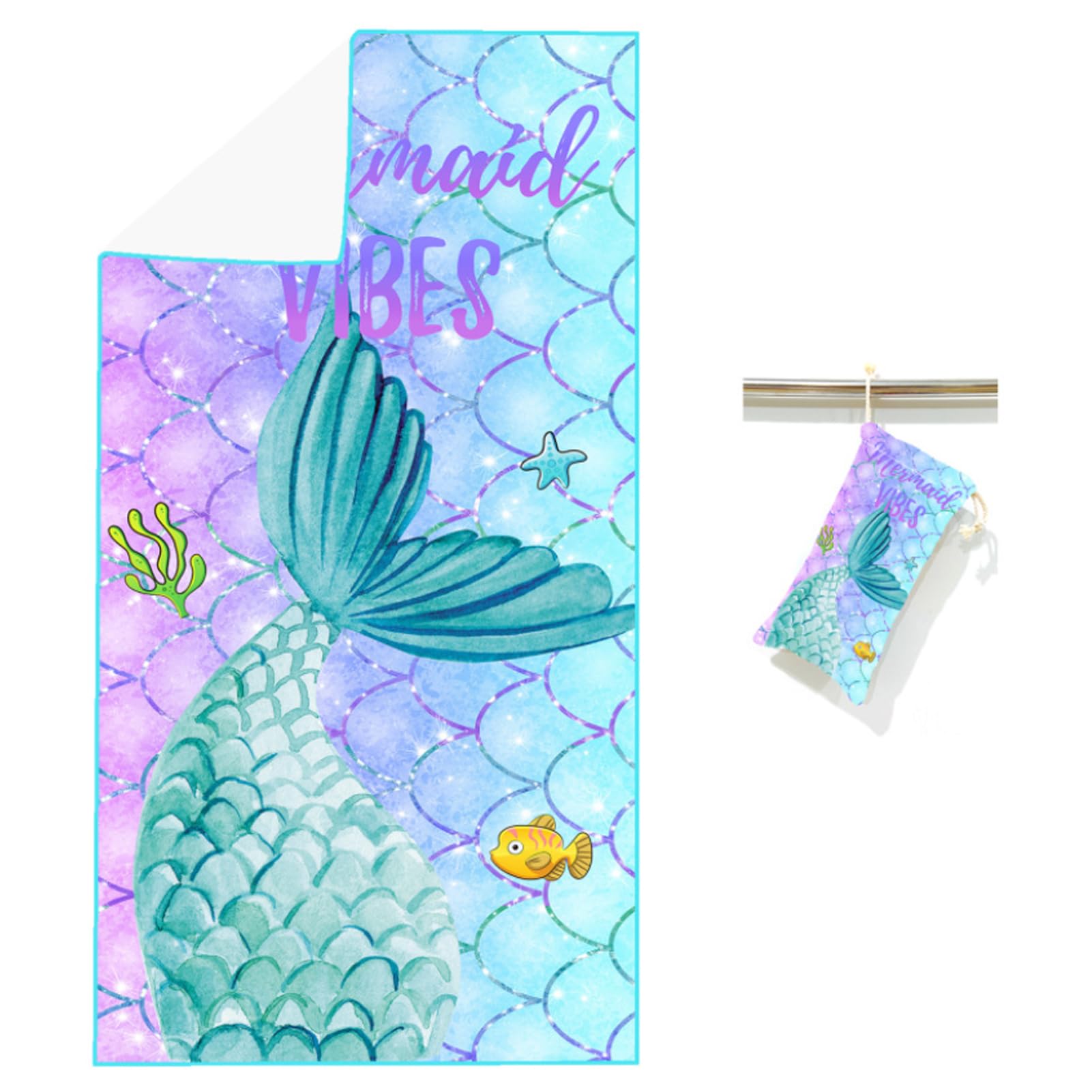 Beauenty Quick Dry Beach Towel, Soft Microfiber Beach Towels, Beach Accessories for Pool Swimming, Traveling, Surfing (Mermaid)