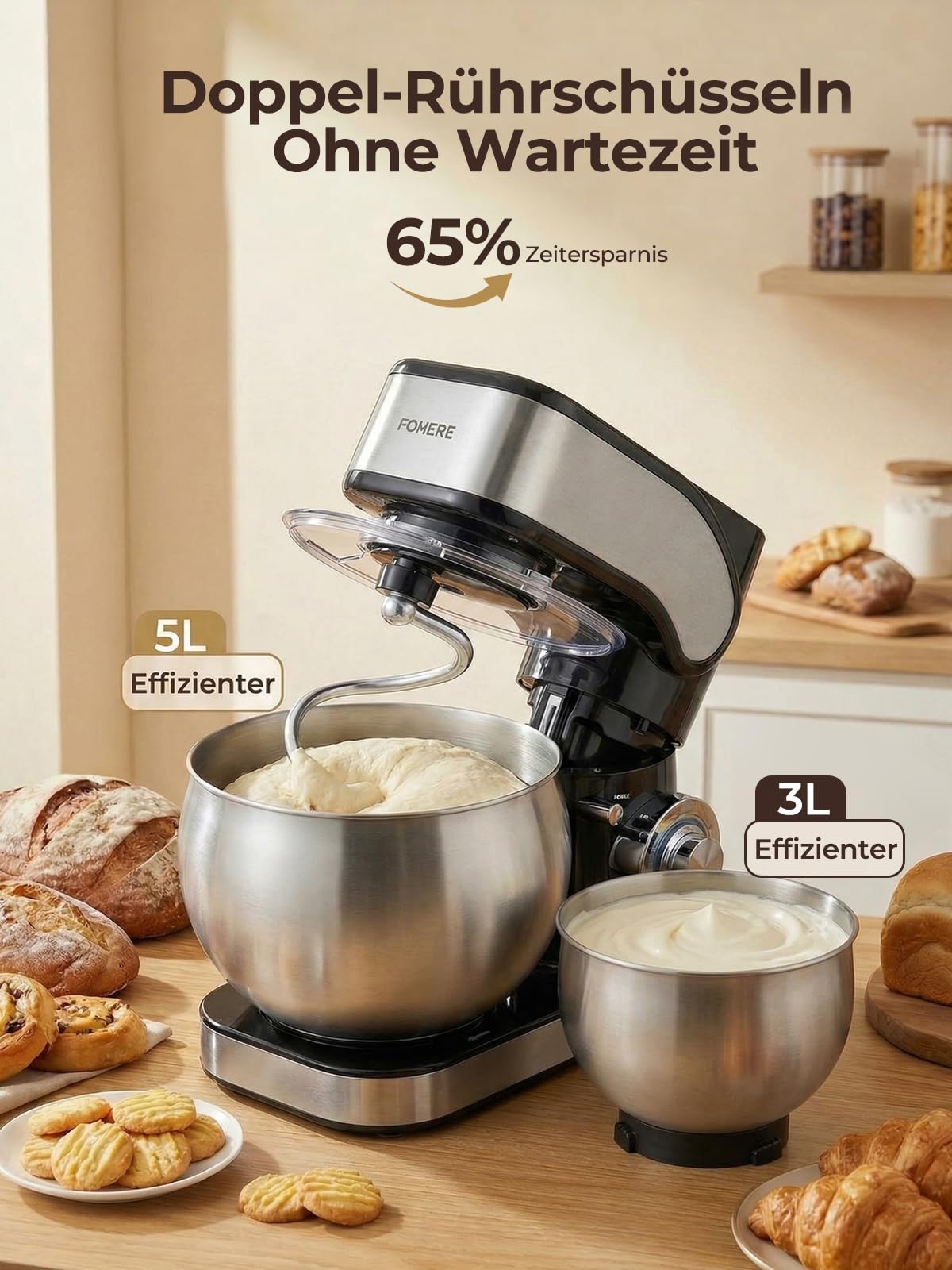 Küchenmaschine mit 5L + 3L Edelstahlschüsseln Dual-Schalen, Knetmaschine Mit Aufgewerteter Knethaken, 1300W Leistungsstarke Teigmaschine, 6+P Geschwindigkeiten, Knethaken, Rührbesen und Schneebesen