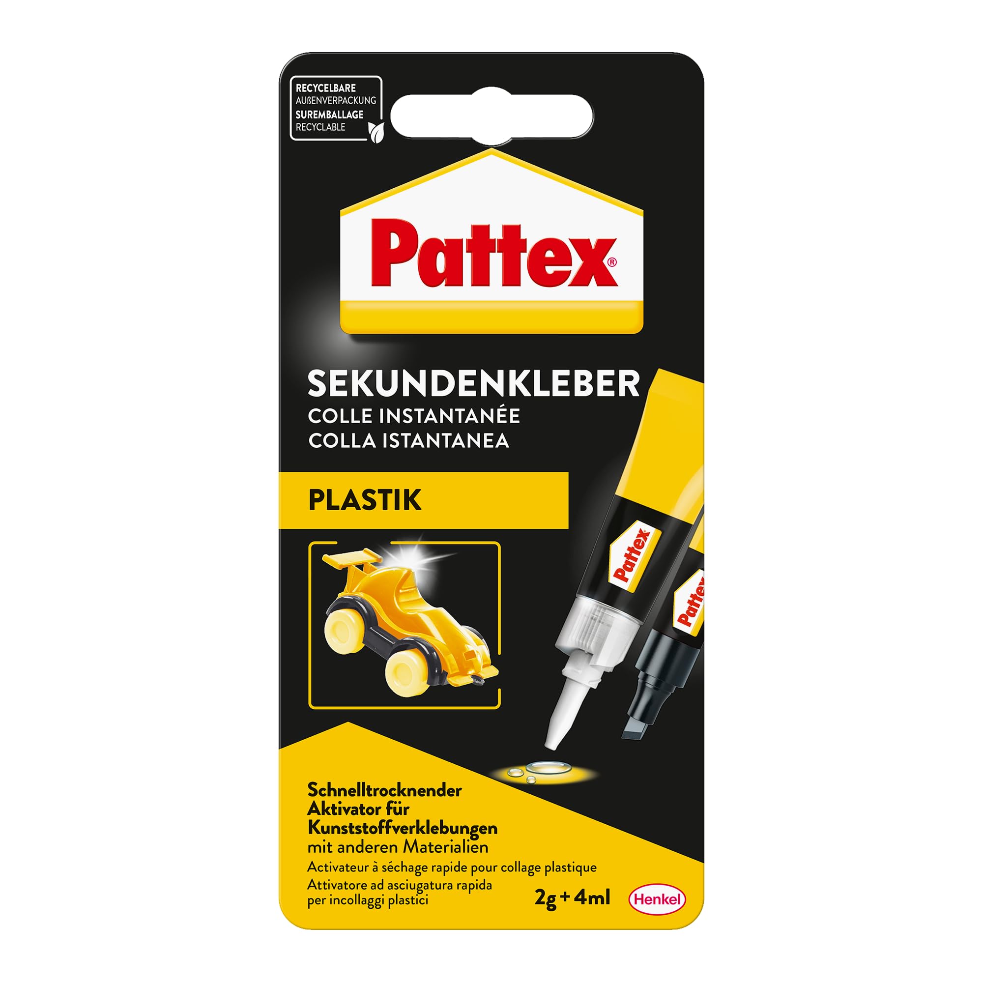 Pattex Plastix Szybki Klej Błyskawiczny do Plastiku, Przezroczysty, 2g i 4ml