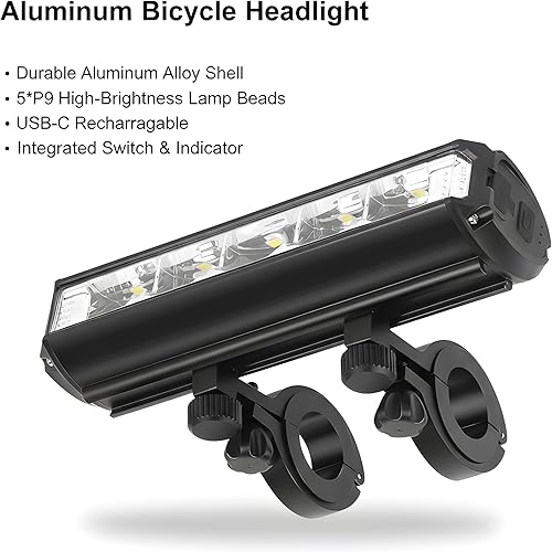 Miniatura 5 de Energlow - Luz de bicicleta de 2500 lúmenes  Faro de bicicleta recargable USB-C de 5 LED  IPX4 impermeable, 5 modos con doble haz blanco y amarillo