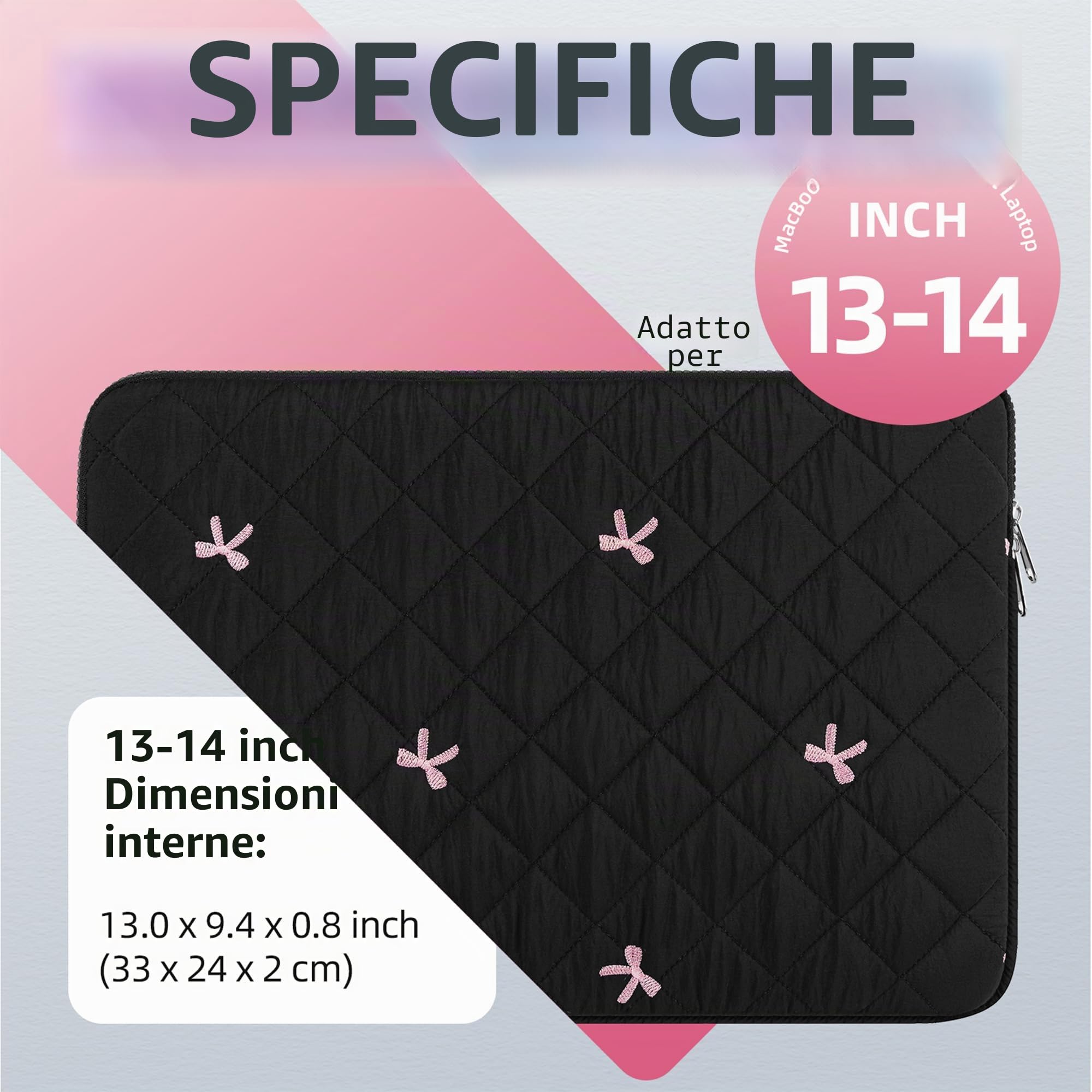 Custodia per Laptop 13-14 Pollici, Borsa Sleeve Protettiva con Fiocchi Ricamati, Compatibile con 13-14 MacBook/Chromebook/PC Notebook/Computer Portatile, Nero