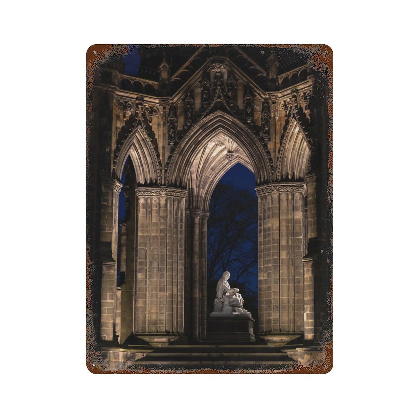 Scott Monument Edinburgh Vintage Wall Sign 15.7"x11.8", Rust Effect Metal Decor for Farmhouse, Kitchen And Entryway Decor