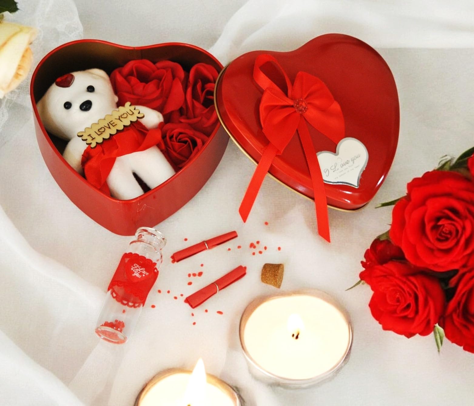 Artistic India Valentine's Day Gift, Love Box with Message Bottle, 3 Artificial Flower Buds Fragrant,Teddy, HeartBox, Message Bottle, Valentine's Day Gifts, for Wife, Husband, him and her