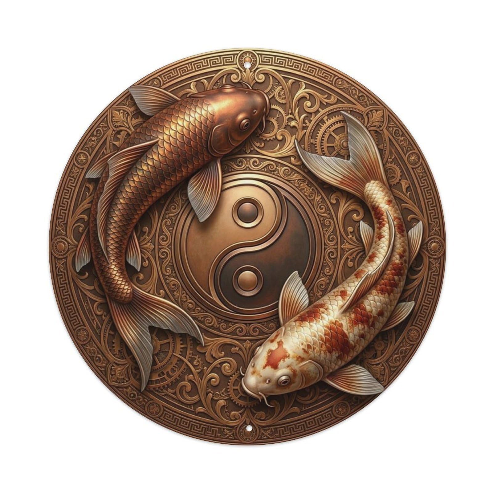 Olyhtr 8X8inch Classic Style Tai Chi Koi Copper Zen Balance Prosperity Metal Tin Sign