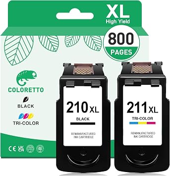COLORETTO Remanufactured Printer Ink Cartridge Replacement for Canon-PG210XL 211XL to use with PIXMA MP230 MP240 MP250 MP260 MP270 MP490 MP495 MX320 MX350 IP2700 IP27021 Black+1 Color Combo Pack