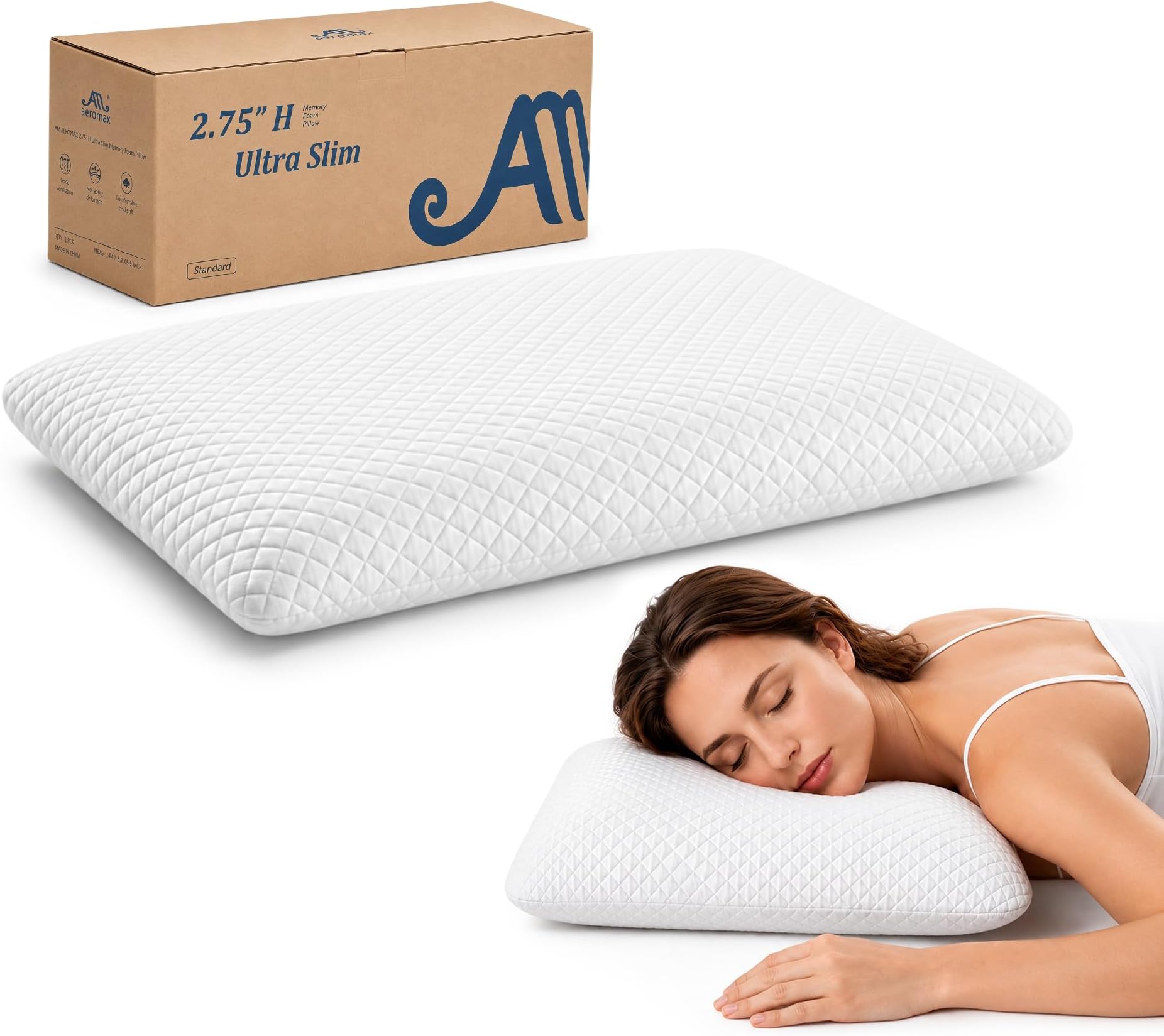 AM AEROMAX 2.75" Standard Size Flat Memory Foam Pillow, Low Profile | Neck pain relief | stomach/back sleep | ultra slim flat feel | less pressure | cervical alignment | washable cover