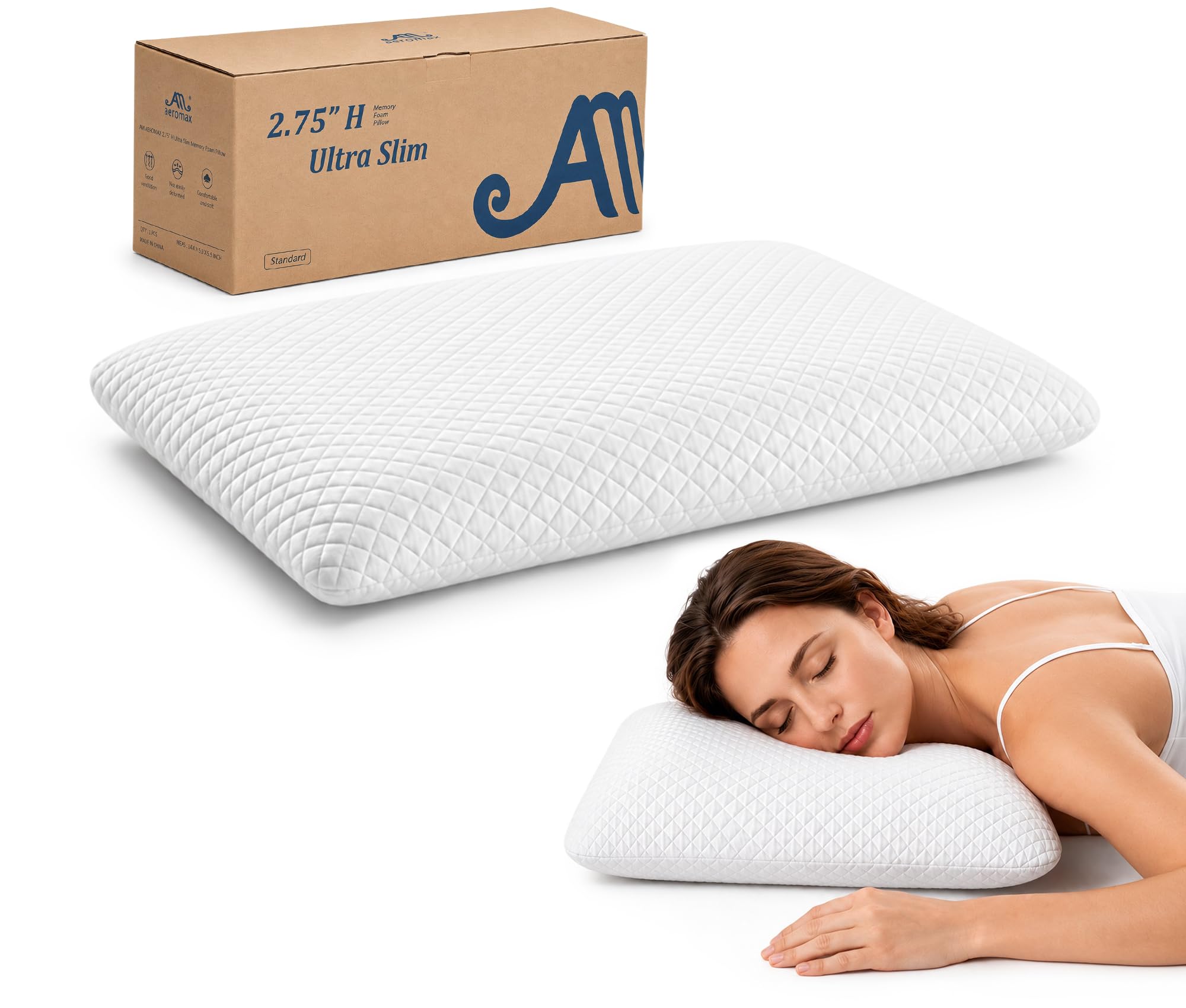 AM AEROMAX 2.75' Standard Size Flat Memory Foam Pillow