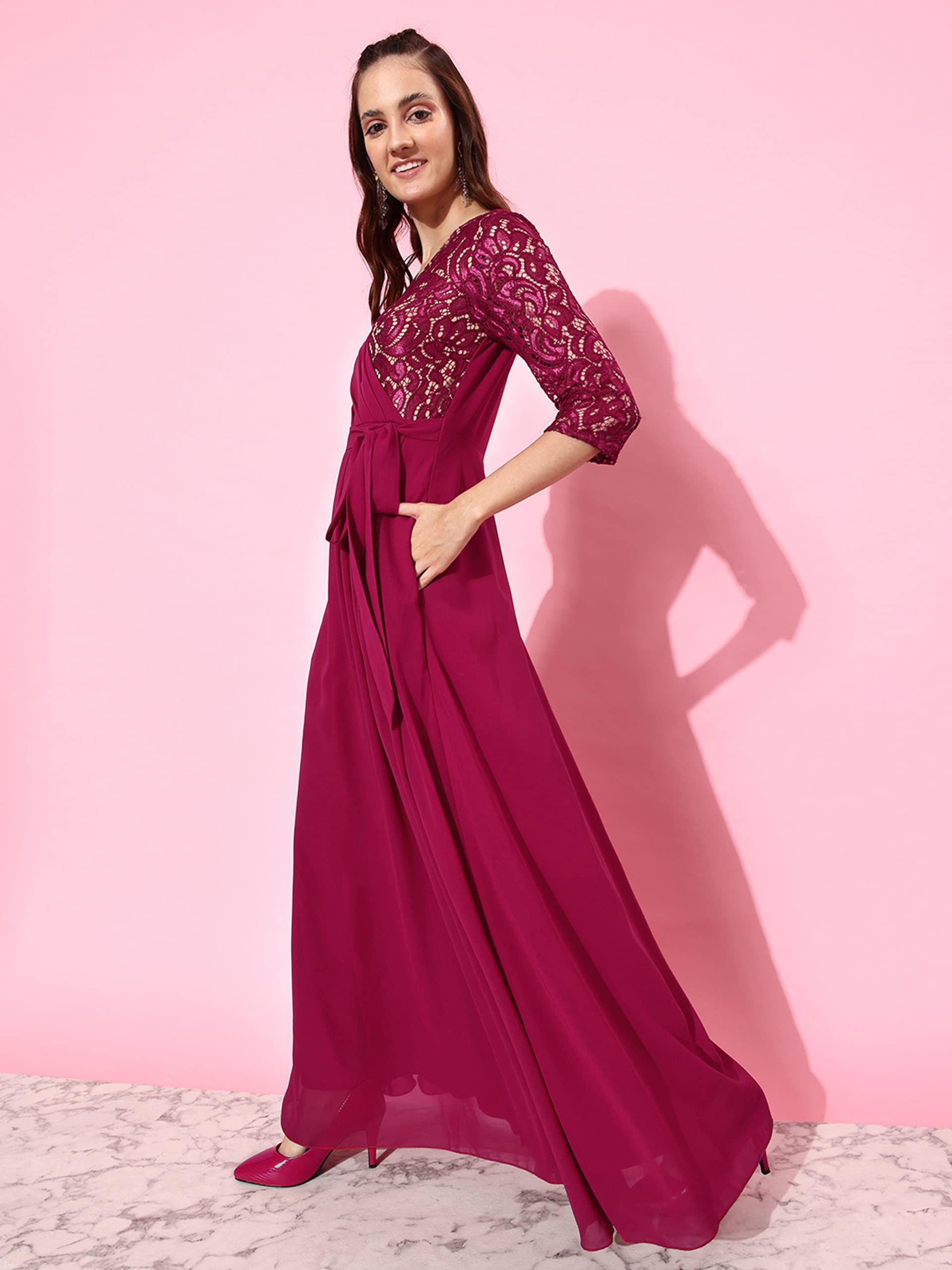 Miss Chase Women's Dark Pink V-Neck Three-Quarter Sleeve Self-Designed Wrap Maxi Georgette Dress (Mcaw22D06-53-23-04, Dark Pink, M)