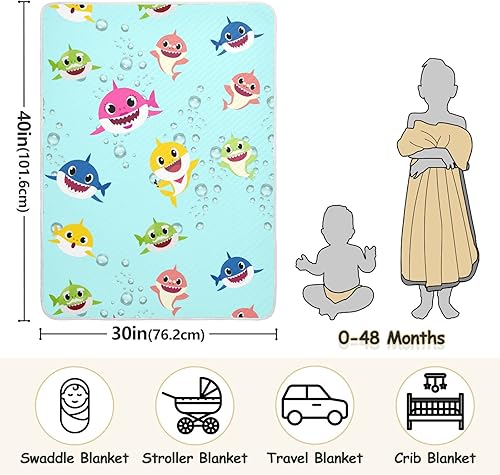 Miniatura 3 de Manta de algodón azul sonriente de tiburón para bebés, manta de recepción, manta ligera y suave para cuna, cochecito, manta de guardería, 30 x 40