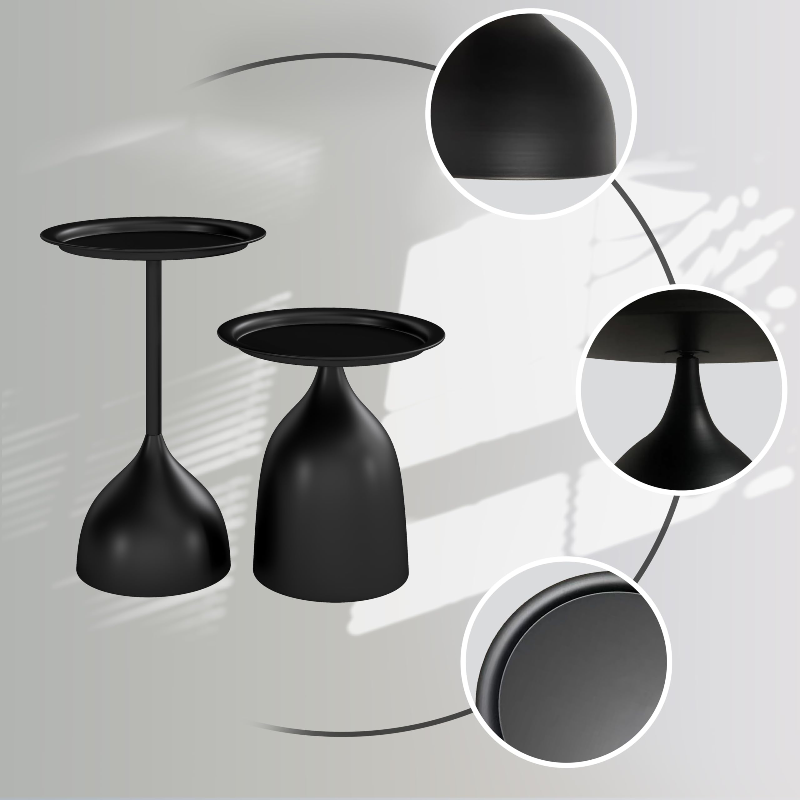 Juego de 2 Mesas Auxiliares Redondas Mesa de Centro Moderna de Metal Negro, Mesitas de Sofá para Salón con Borde de Bandeja (40x60 cm y 40x42 cm)