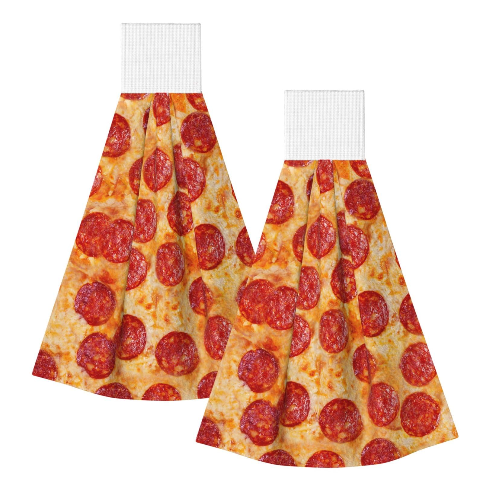 DOPKLNA 3D Pizza Pepperoni, 2 Pcs Hanging Coral Fiber Hand Towels for Bathroom, Absorbent Kitchen Towels
