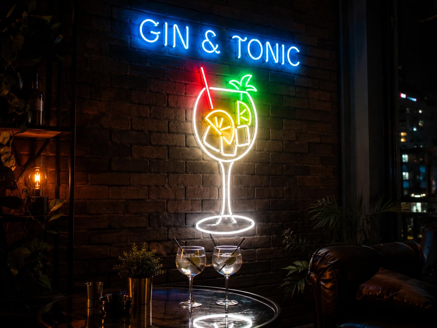 Letrero GIN & TONIC Cartel Luminoso LED Escaparate, Decoración de Pared en Metacrilato, Luz Brillante, aproximadamente 23X60 alimentación 12v