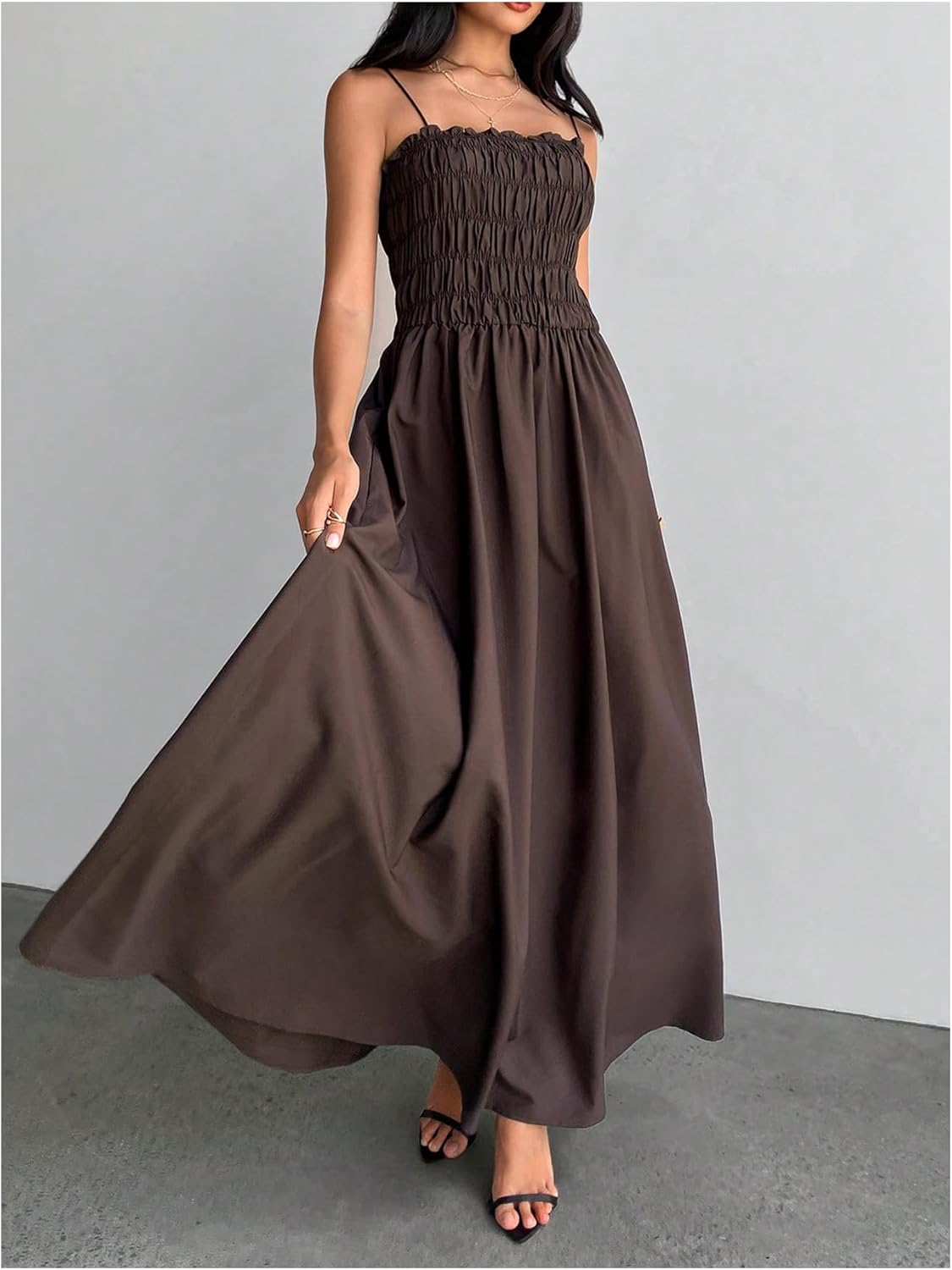 Floerns Women's Summer Long Dresses Spaghetti Strap Shirred Flared Hem Prom Cami Dresses - Image 2