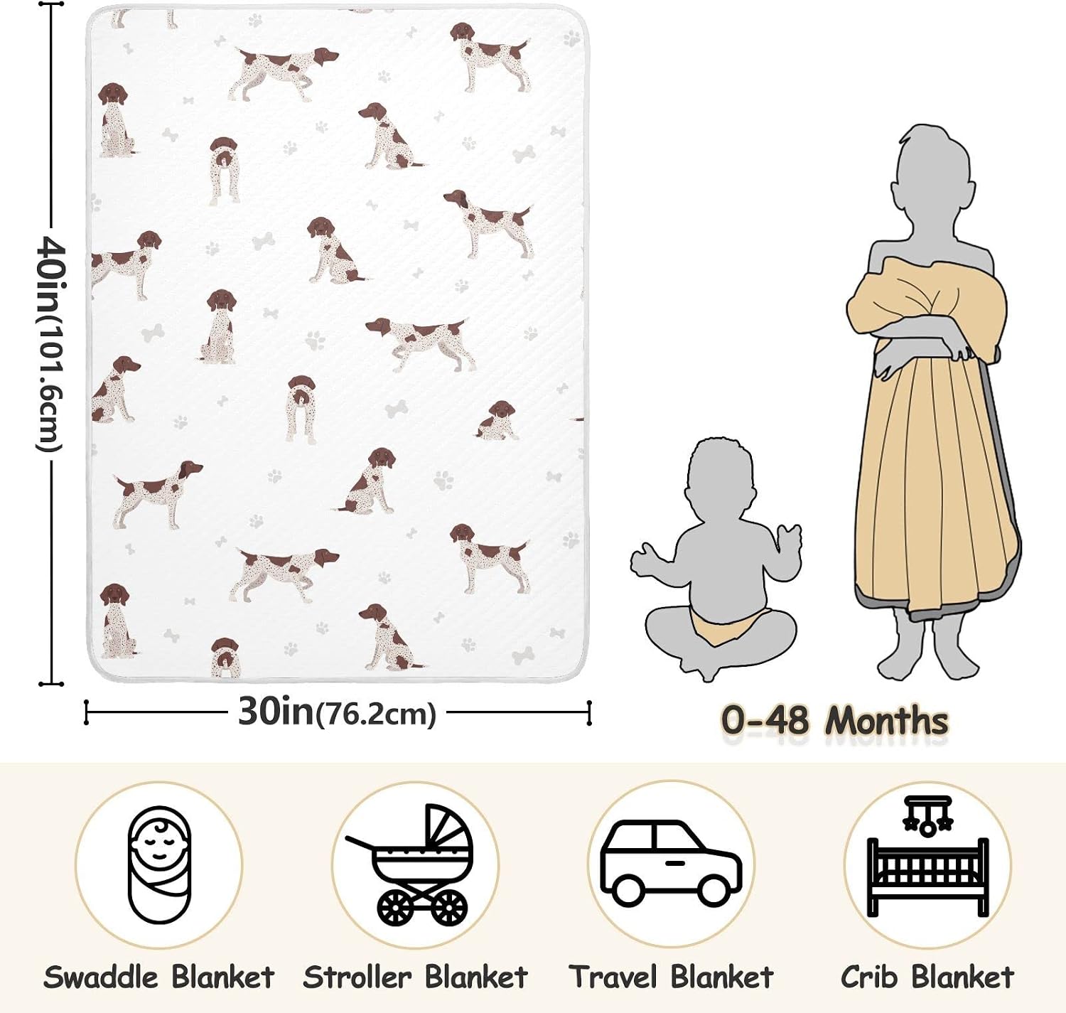 Swaddle Blanket German Shorthaired Pointer Cotton for Infants, Receiving Lightweight Soft Swaddling for Crib, Stroller, Nursery, 30X40 in