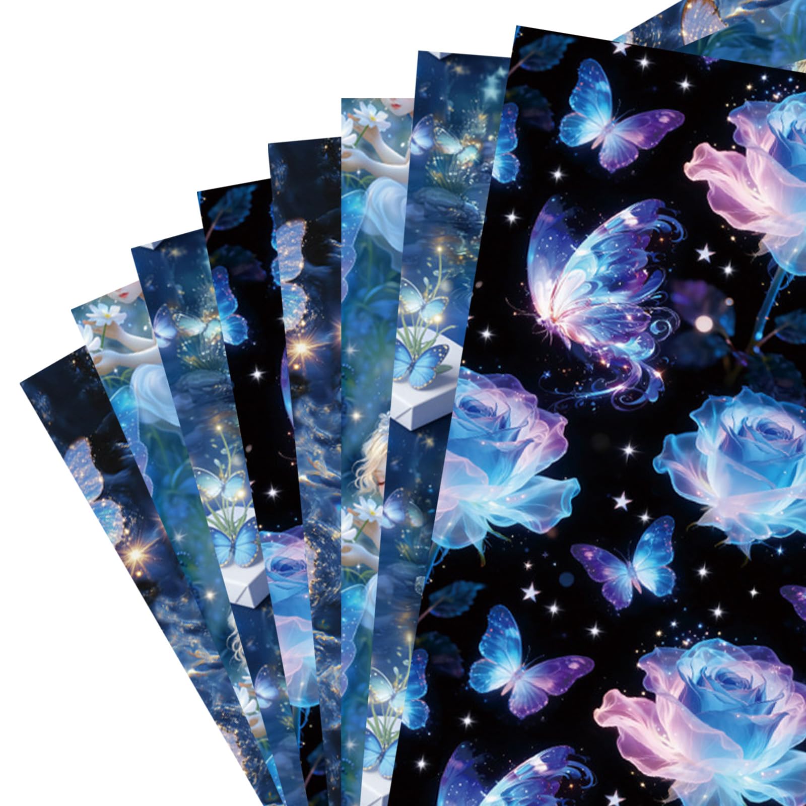 8PCS Fairy Cute Wrapping Paper, Fairy Themed Wrapping Paper, Blue Butterfly Gift Wrapping Paper, Fairy Party Decorations for Girls 19.7 x 27.6 Inches