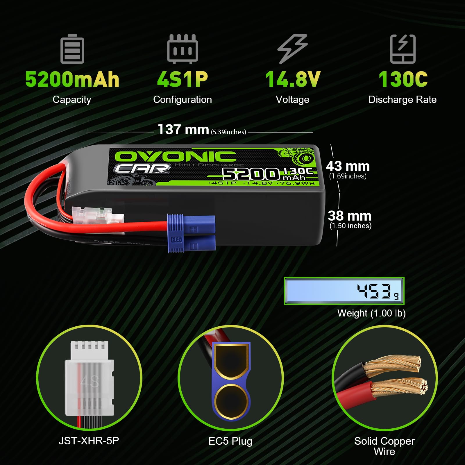 OVONIC Batteria Lipo da 4 s, 14,8 V, 5200 mAh, 130 C, con spina EC5, per auto RC, Truggy, quadricottero, elicottero, camion, barca, aereo (2 pezzi)