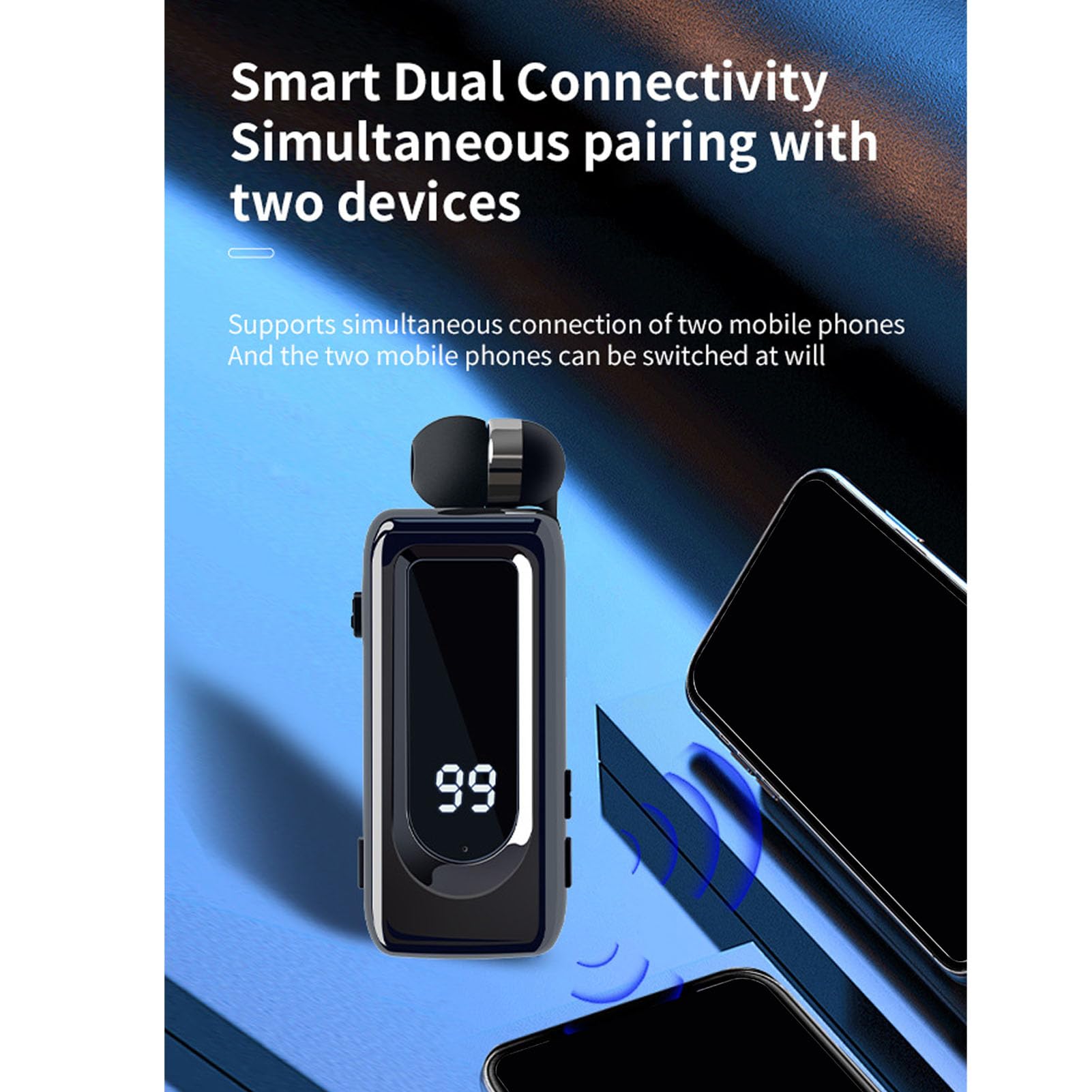 Tosuny Cuffie Wireless Retrattili, Cuffie Lavalier Bluetooth 5.4 con Microfono a Cancellazione del Rumore ENC, Display di Alimentazione a LED, Cuffie Intrauricolari Monoorecchio per la (BLACK)