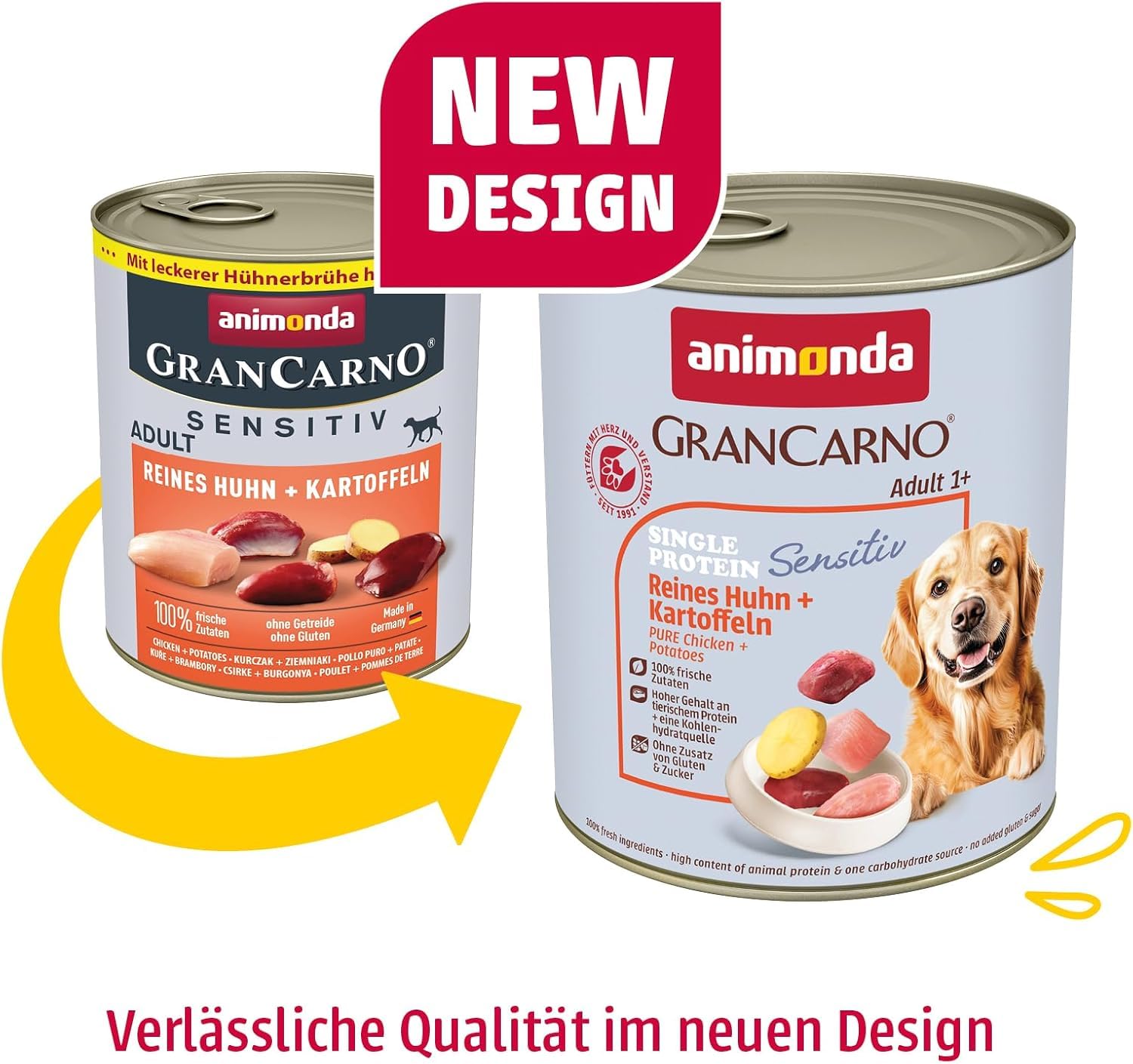 Nourriture pour chien GranCarno Sensitiv Adult d’animonda, nourriture humide pour chien adulte, pur poulet + pomme de terre, 6 x 800 g