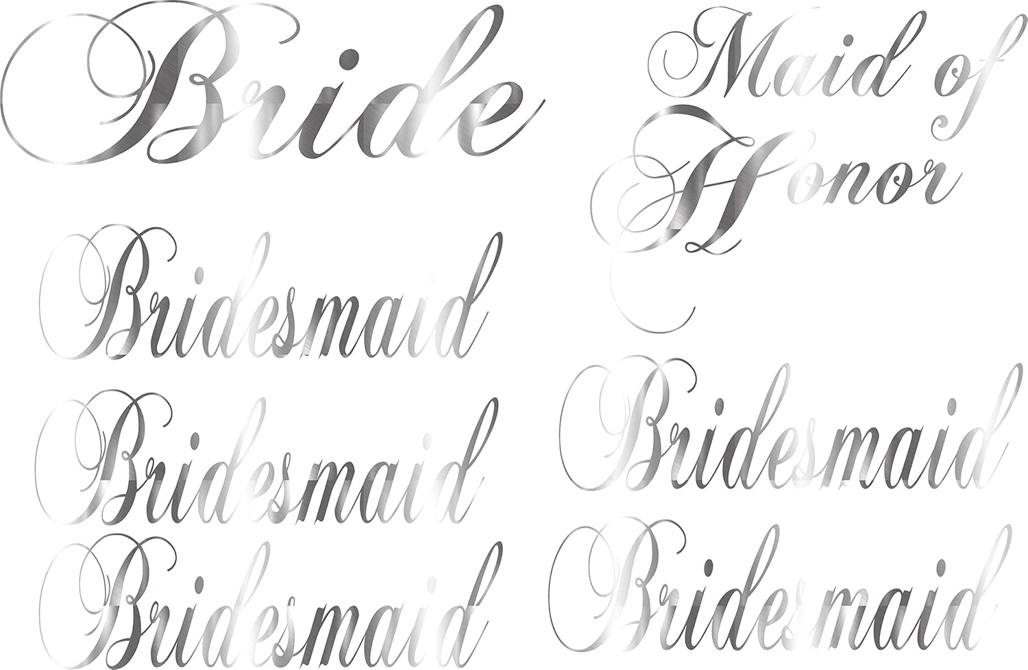 Pack of 9 Vinyl Wedding Iron on Transfer (1 Bride) (1 Maid of Honor) (7 Bridesmaid) (Silver Metallic)