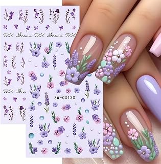 Summer Flower Nail Art Stickers 3D Flower Butterfly Nail Decals 6PCS Daisy Pink Purple Petal Lavender Flowers Nails Design Adhesive Sliders Cherry Blossom Manicure Decals for DIY Nail Art Decorations