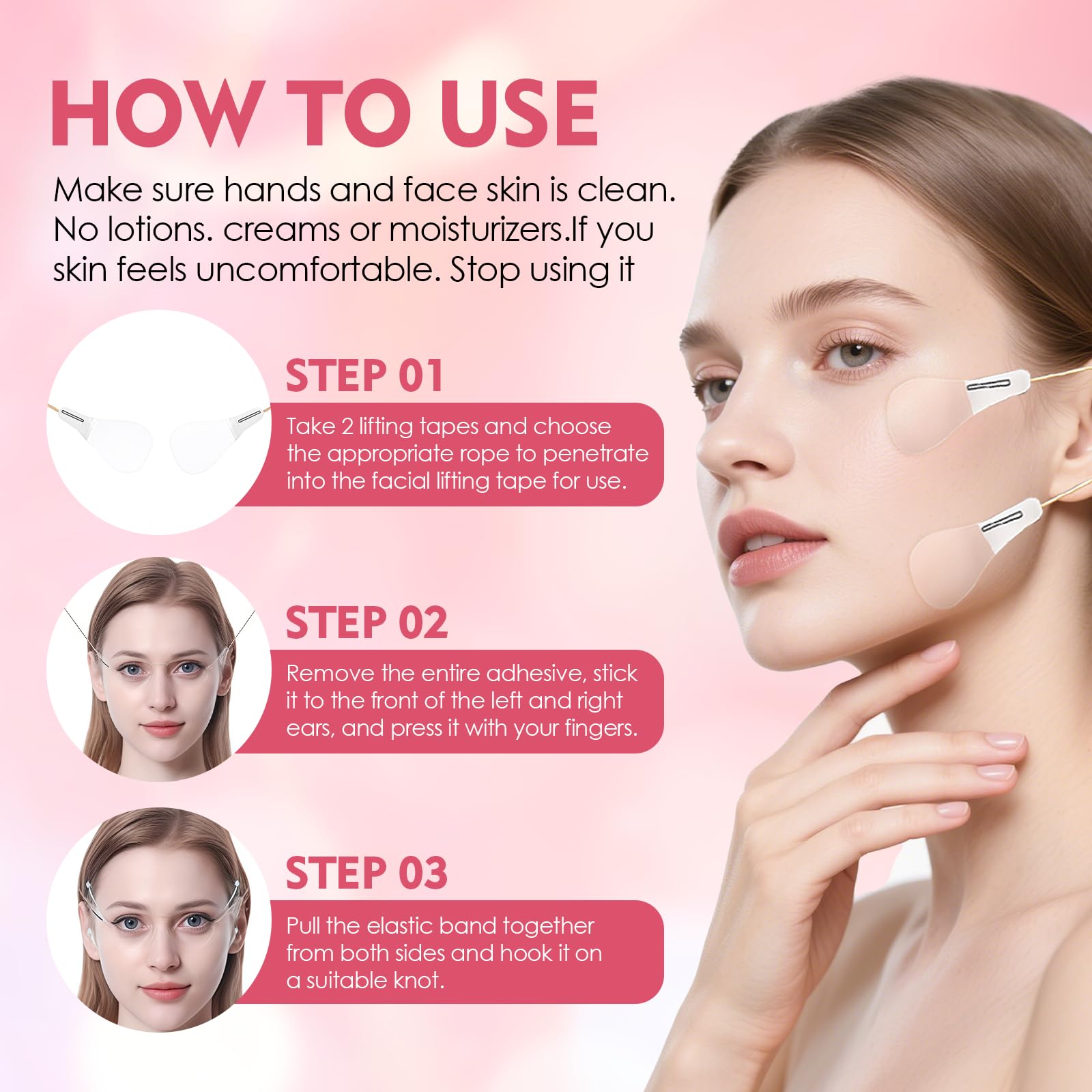 Tape Lifting Viso Set,Face Lifting Tape,Set di Nastri per il Viso contro il Doppio Mento,80 Adesivi Invisibili e 4 Corde di Sollevamento Riutilizzabili per un Contorno a V Istantaneo,Collo