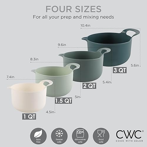 Vista 29 de COOK WITH COLOR Nesting - Juego de cuencos de plástico para mezclar con boquillas y asas, color rosa, 4 piezas antideslizantes