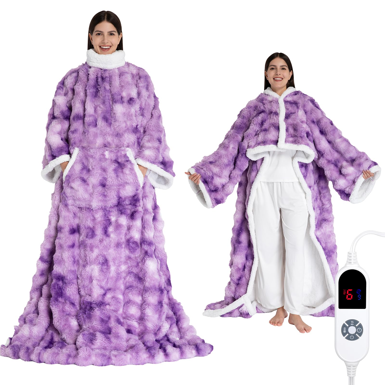 Wearable Heated Blanket, Luxury Faux Fur &amp; Sherpa Electric Throw Blanket with Sleeves, Foot Pockets, Heated Robe for Women Men Gift, 3 Heat Levels &amp; 12H Timer, ETL &amp; FCC Certified, 52"x 72" Purple