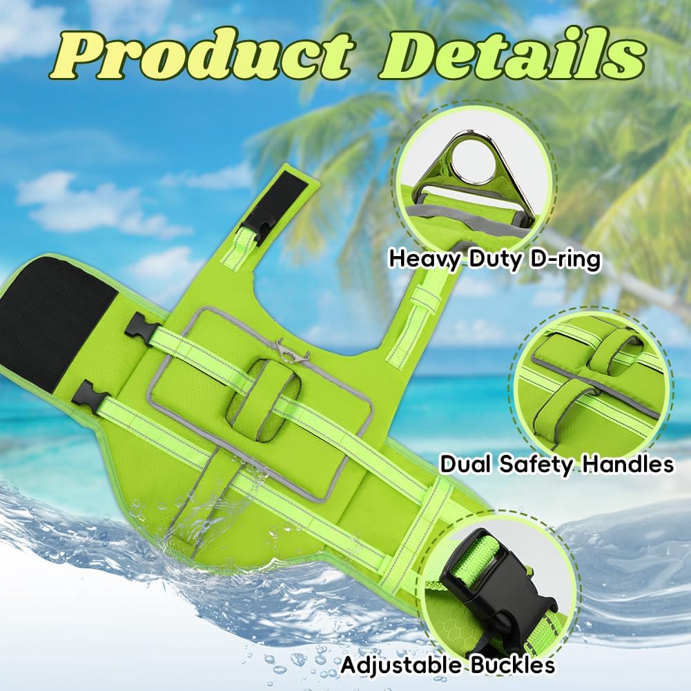 EMUST Dog Life Jacket, Thickened Dog Life Vests for Medium Large Dogs with Added Layer, Reflective Pet Life Preserver Floats for Pool Boating Swimming, Green, M